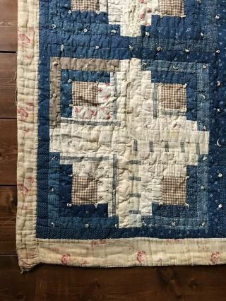 Early Antique Blue Calico Log Cabin Pattern Handmade Quilt Textile CUTTER WORN 2