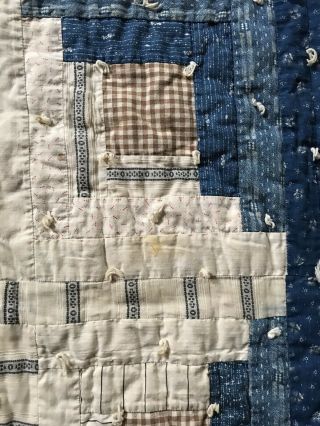 Early Antique Blue Calico Log Cabin Pattern Handmade Quilt Textile CUTTER WORN 3