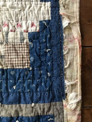 Early Antique Blue Calico Log Cabin Pattern Handmade Quilt Textile CUTTER WORN 5
