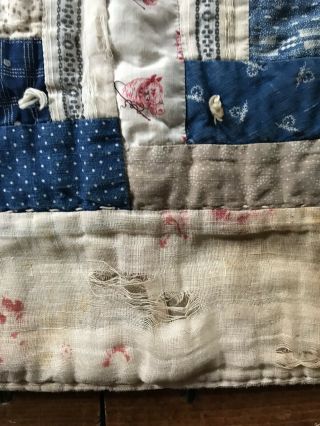 Early Antique Blue Calico Log Cabin Pattern Handmade Quilt Textile CUTTER WORN 6