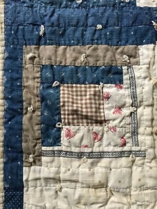 Early Antique Blue Calico Log Cabin Pattern Handmade Quilt Textile CUTTER WORN 7