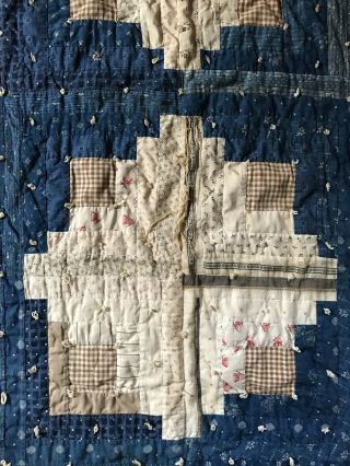 Early Antique Blue Calico Log Cabin Pattern Handmade Quilt Textile CUTTER WORN 8