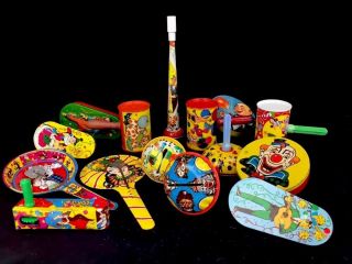 Group 15 Vintage Noisemakers Rattles Lithographed Tin Clowns Circus Us Metal Toy