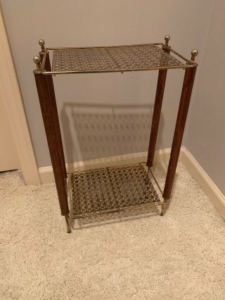Vtg Mid Century Modern Narrow Mesh Grate Brass Wood Side Table Plant Stand