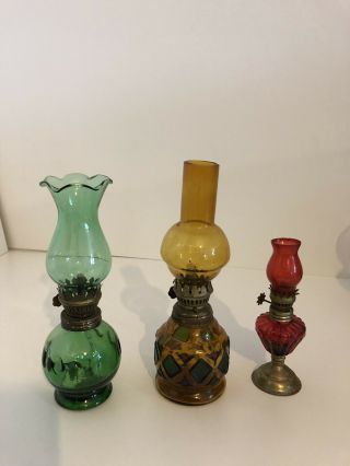 3 X Small Vintage Oil Lamps Green Orange & Red Made In Hong Kong
