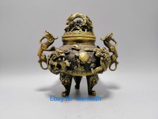 Old Chinese Brass Gilt 9 Dragon Incense Burner Censer Incensory Burner Statue