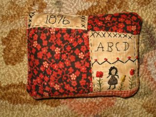 Primitive Tiny Sampler Pillow 1896 Ms.  Tilly Abcd - Old Quilt Folk Art Rag Stuffed