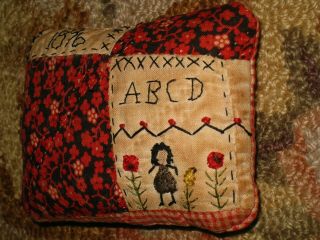 Primitive tiny Sampler Pillow 1896 Ms.  Tilly ABCD - Old Quilt Folk Art Rag Stuffed 2