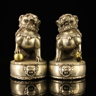 A Pair Chinese Old Copper Plating Silver Hand - Made Gold Drawing Lion Statue D02a
