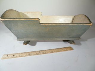 Antique Doll Cradle In Old Blue Gray Paint Ca 1840