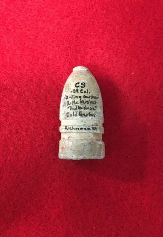 Dug Confederate Civil War Bullet Relic Bulb Nose Cs 54 Gardner Cold Harbor