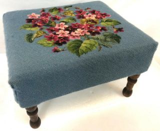 Vintage 16 " Tapestry Needlepoint Pink Impatiens Flower Floral Footstool Stool