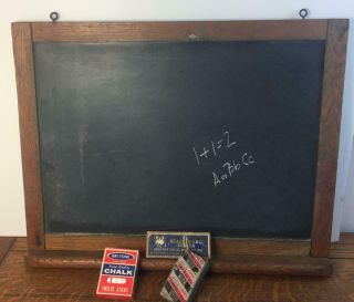 Antique Vintage 24 1/4 " X 18 3/4 " School Room Chalkboard Natural Slate Erasers