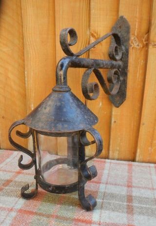 Old Salvaged Arts & Crafts Style Wrought Iron Outside Wall Light Lantern,  Bracket