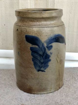 Antique Stoneware Crock Cobalt Blue Salt Glaze Decoration Pottery Primitive