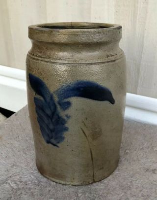 Antique Stoneware Crock Cobalt Blue Salt Glaze Decoration Pottery Primitive 3