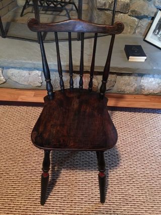 Antique Dark Wood Child Chair Spindle Back C1900 With Red Trim On Legs