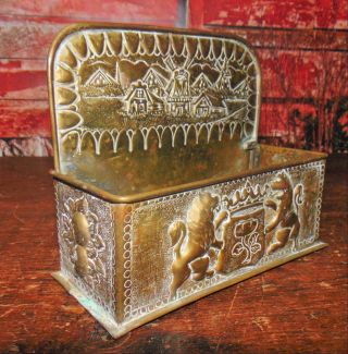 Antique Dutch Windmill Brass Repousse Hand Hammered Wall Mount Candle Box Exc