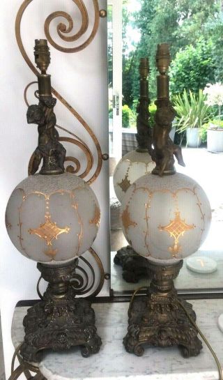 Antique Table Lamps,  Oil Lamps,  Putti,  Cherub Gold And Frosted Glass