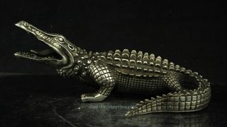 Chinese Old Copper Plating Silver Carving Ferocious Crocodile Animal Statue F01