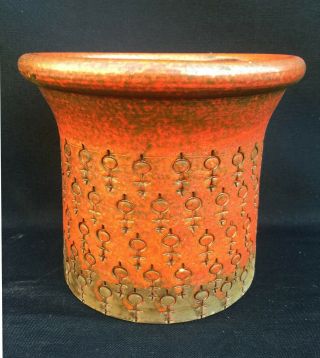 Rare Mid Century Italian Modern Bitossi Leather Strap Jar Orange Chiave Picolla