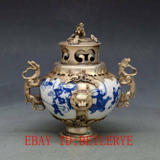 Chinese Old Porcelain Inlaid Tibetan Silver Copper&monkey Lid Incense Burner