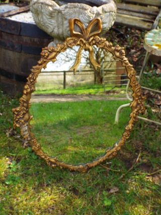 Vintage Ornate Gold Metal Framed Oval Wall Mirror Ribbons Swags & Tails