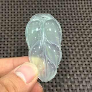 Chinese Rare Collectible Ice Green Jadeite Jade Handwork Longevity Leaf Pendant