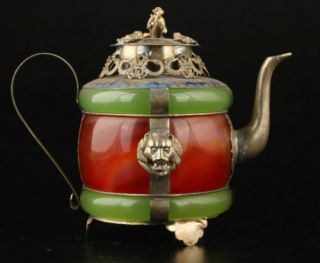China Handwork Old Green & Red Jade Bracelet Inlay Tibet - silver Dragon Teapot B1 2