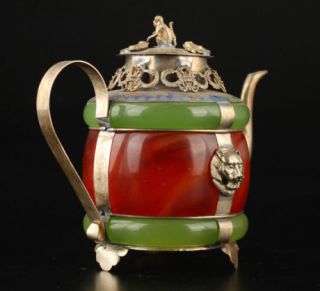 China Handwork Old Green & Red Jade Bracelet Inlay Tibet - silver Dragon Teapot B1 3