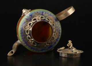 China Handwork Old Green & Red Jade Bracelet Inlay Tibet - silver Dragon Teapot B1 4