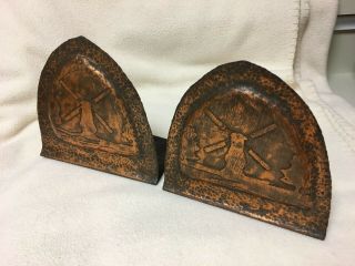 Arts & Crafts Hammered Copper Acid Etched Bookends