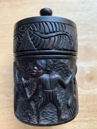 Carved African Ethnic Wooden Statue Figurine Ornament Cylindrical Box With Lid
