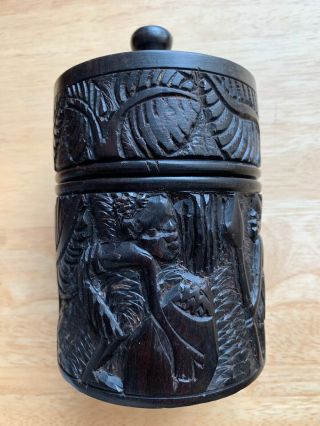 Carved African Ethnic Wooden Statue Figurine Ornament Cylindrical Box With Lid 2