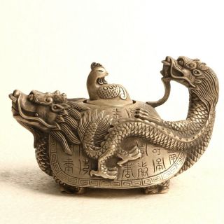 Chinese Silver Copper Hand Carved Dragon Turtle Teapot W Kangxi Mark Kt0080