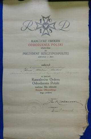 Poland.  Document For Order Of Polonia Restituta 4th Class.  Medal