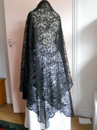 Antique 19th C Very Large Black Machine Lace Shawl / Cover