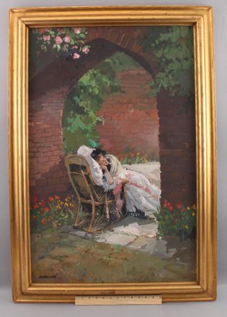 Ben Marcune Oil Painting,  Sleeping Woman In Garden,  Arts Crafts Gilt Frame