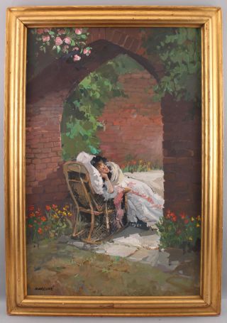 BEN MARCUNE Oil Painting,  Sleeping Woman in Garden,  Arts Crafts Gilt Frame 2