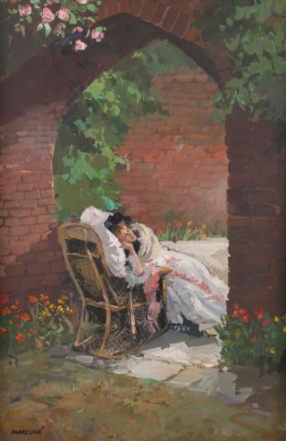 BEN MARCUNE Oil Painting,  Sleeping Woman in Garden,  Arts Crafts Gilt Frame 3