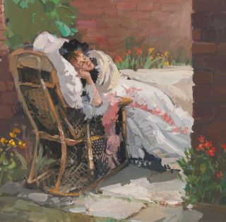 BEN MARCUNE Oil Painting,  Sleeping Woman in Garden,  Arts Crafts Gilt Frame 4