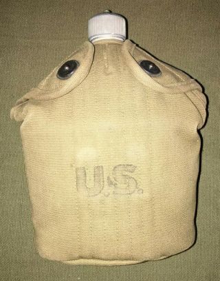 Wwii Early Canteen Set “acme Lea.  Goods Co.  1941” Rear - Seam Cover,  Cup,  Canteen