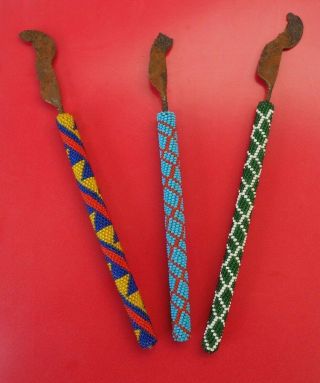 Three Old Rwanda Tutsi African Tribal Art Beaded Bead Work Sickle Sceptres