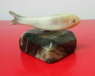 North American Canadian Inuit Alaskan Carved Inuit Horn Fish On Stone Base
