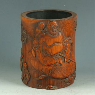 Chinese Exquisite Bamboo Wood Handwork Carved People & Bird Brush Pot My0417