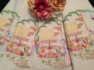 Vintage Hand Embroidered Tablecloth Crinoline Ladies & Cottage Garden Flowers