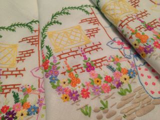 VINTAGE HAND EMBROIDERED TABLECLOTH CRINOLINE LADIES & COTTAGE GARDEN FLOWERS 2