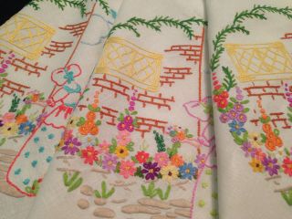 VINTAGE HAND EMBROIDERED TABLECLOTH CRINOLINE LADIES & COTTAGE GARDEN FLOWERS 4