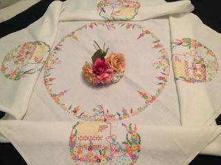 VINTAGE HAND EMBROIDERED TABLECLOTH CRINOLINE LADIES & COTTAGE GARDEN FLOWERS 5