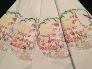 VINTAGE HAND EMBROIDERED TABLECLOTH CRINOLINE LADIES & COTTAGE GARDEN FLOWERS 7